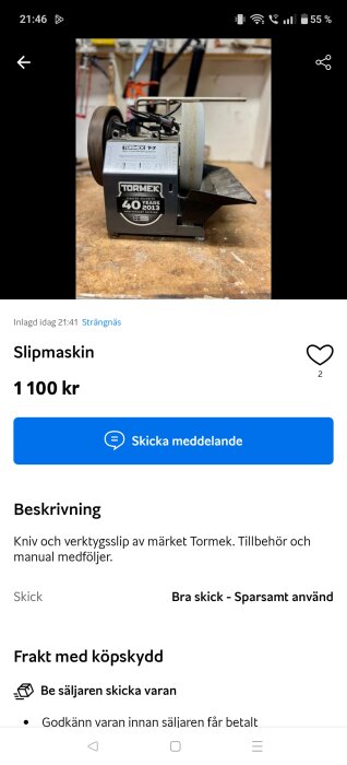 Tormek slipmaskin i bra skick med slipsten och stödstång, använd för att slipa knivar och verktyg.