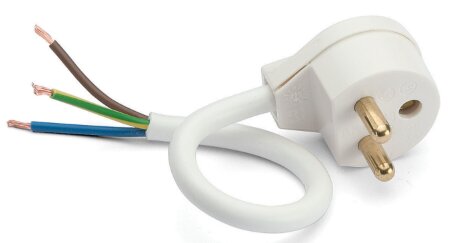 En vit lamppropp med tre färgade kablar syns mot en vit bakgrund.