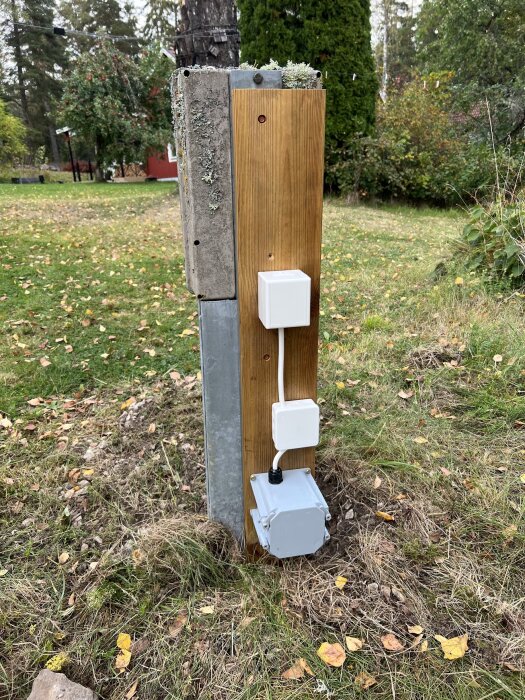 En elstolpe med trälåda innehållande eluttag och en vattentät box, placerad i en gräsmatta omgiven av träd och vegetation.
