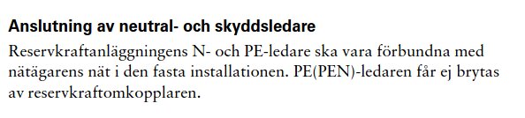 Text som beskriver anslutning av neutral- och skyddsledare i reservkraftanläggningar enligt energiföretagens tekniska anvisning.