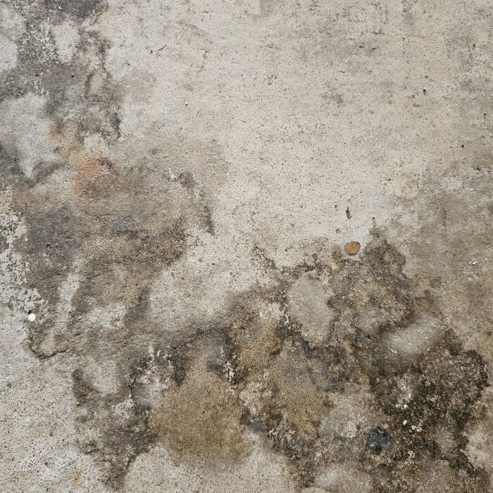 Fläckar på garagegolvet bestående av mörka och ljusa partier som verkar indikera fläckar som ökar i storlek över tid.