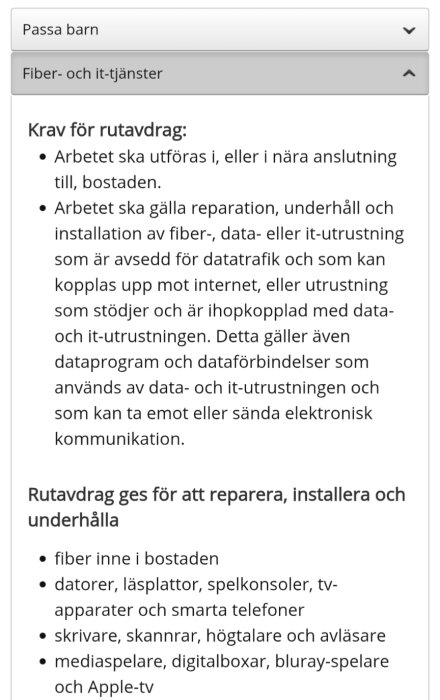 Skärmavbild av krav för rutavdrag vid fiber- och it-tjänster, inklusive exempel på godkända åtgärder som installation av internet och it-utrustning.