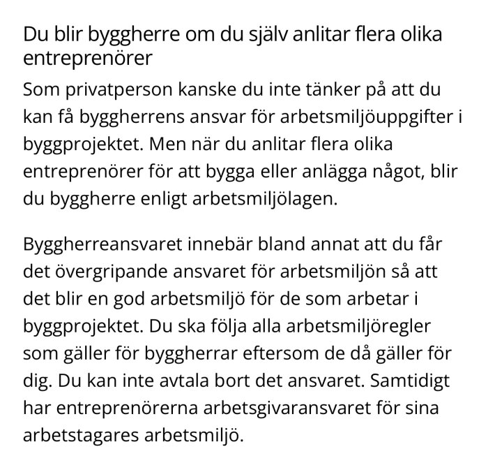 Text om byggansvar vid anlitande av flera entreprenörer enligt arbetsmiljölagen.