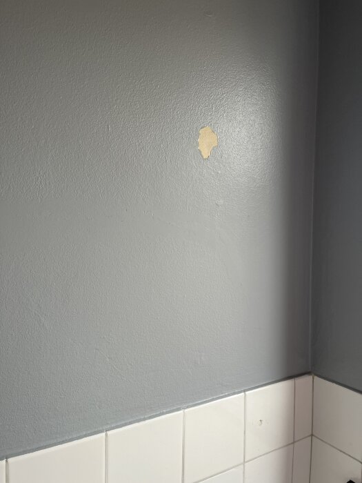 Gråmålad badrumsvägg med ett litet avskalat hål där originallagret syns ovan halvkaklat område.
