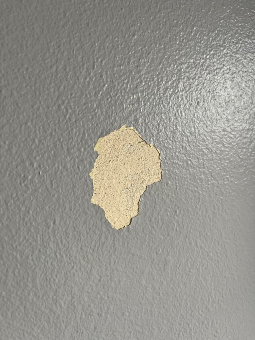 Ett grått badrumsvägg med ett litet hål där ytan och färgen har ramlat av.