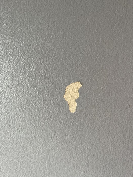 Grå vägg med färgskada där färgen har lossnat, avslöjar ett ljusare lager under, troligen hål efter borttagen krok i badrum.