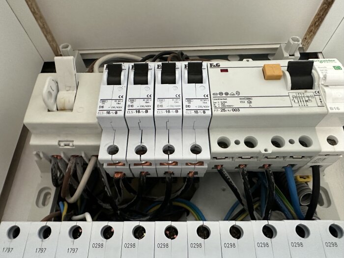 Bild av elcentral med automatsäkringar och kablar av olika färger, inklusive svart, brun och vit, samt grön och gul kabel i nollskena.