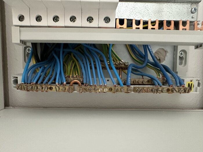 Elektrisk normcentral med blå och gulgröna kablar anslutna. Trådar fästa vid kopparskenor, synlig skruvanslutning.