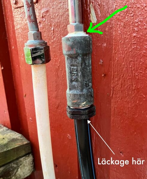 Bilden visar en PRK-koppling mot en röd bakgrund med en grön pil och texten "Läckage här" vid anslutningen.