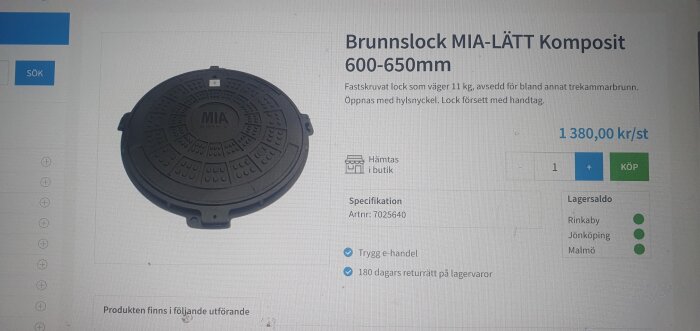 Skärmdump av en produktbeskrivning för ett MIA-LÄTT kompositbrunnslock, 600-650 mm, pris 1 380 kr, som kan öppnas med hylsnyckel.