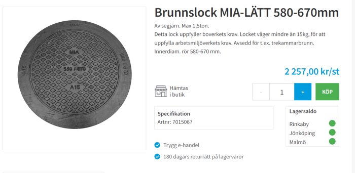 Brunnslock MIA-LÄTT 580-670mm av segjärn, maxbelastning 1,5 ton, specificerat för trekammarbrunn, med text och mönster på ytan. Finns i lager.