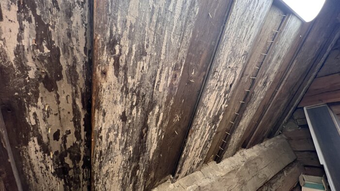 Vanhan kattorakenteen paljastuneet puupinnat, joissa näkyy halkeamia ja kulumaa, kohteena korjaushanke.