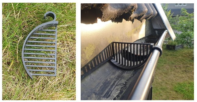 3D-printade filter i PETG för hängrännor, ett liggande på gräset och ett monterat vid takets hängränna.