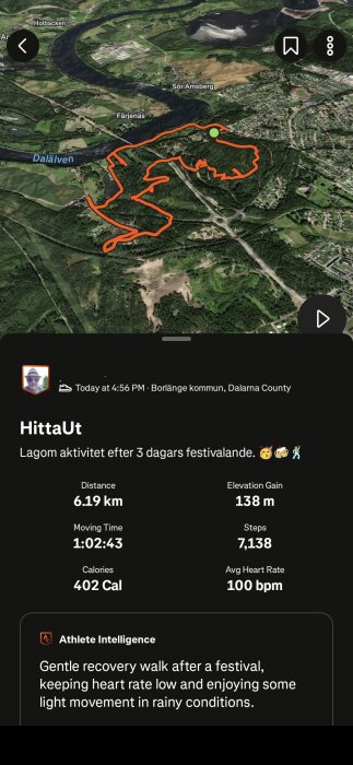 Satellitkarta över Dalälven med markerad promenadsträcka i orange, statistik för distans, tid och kalorier från aktivitet vid Borlänge, Dalarna.