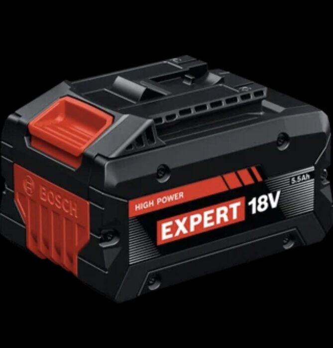 Bilden visar ett Bosch Expert 18V 5.5Ah batteri med hög effekt, svart med röda detaljer.