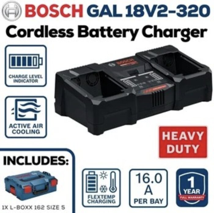 Bosch GAL 18V2-320, en sladdlös laddare med två fack, visar funktioner som luftkylning och flextemp-laddning.