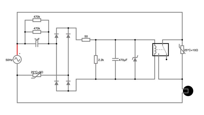 Kretsdiagram för motorstyrning med 50Hz ingång, resistorer, kondensatorer och ett relä med 10Ω NTC-motstånd i serie för mjukstart.
