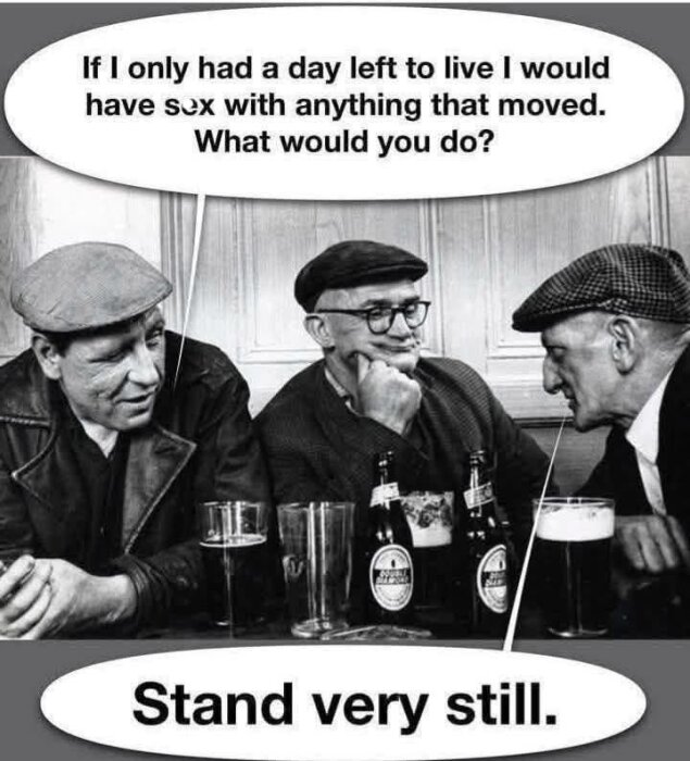 Tre äldre män i kepsar sitter på en bar med öl framför sig och pratar. Textbubblor har humoristiskt innehåll om att ha en dag kvar att leva.