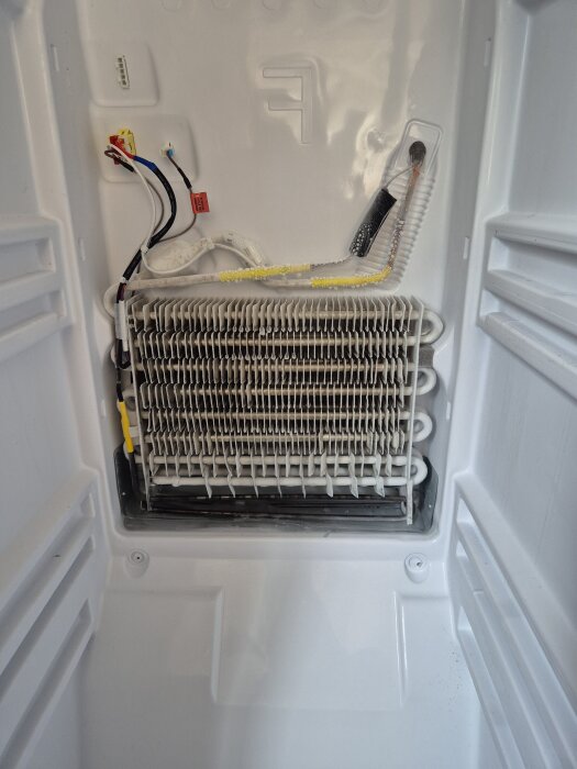 Samsung frysinredning med dämpade avrinningshål och frost på slingor, visar avfrostningsproblem.