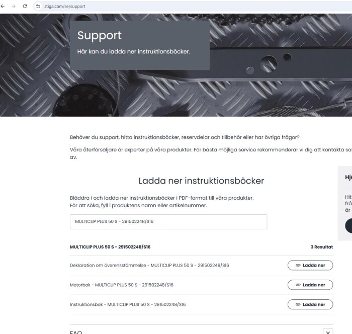 Stigas supportsida för nedladdning av instruktionsböcker, med metalldelar och remhjul i bilden ovanför texten.