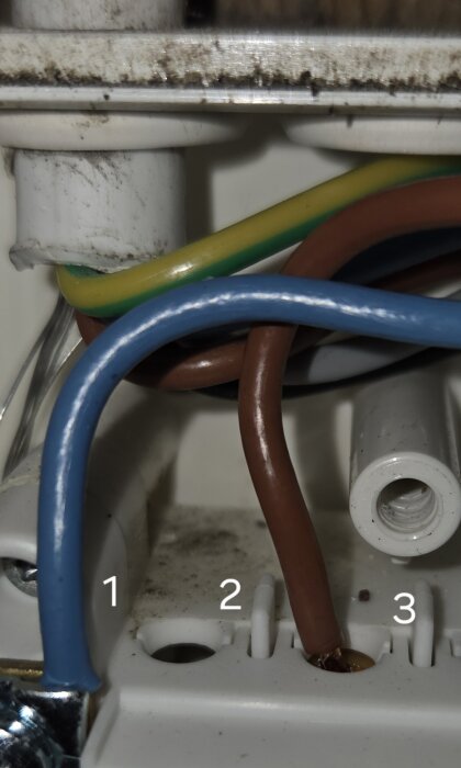 Elektriska kablar i en kopplingsbox med misstänkta fuktspår vid punkt 1 jämfört med områden 2 och 3.