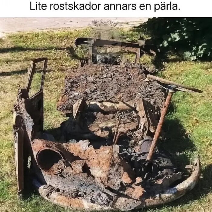 Ett gammalt, rostigt bilvrak ligger på en gräsmatta med en rostig ratt och dörrstomme synliga.