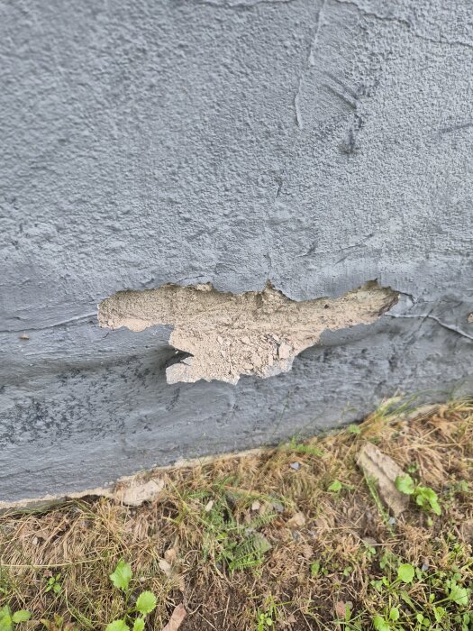 Färg och puts på husvägg som flagnar och spricker, med blottat underliggande lager.