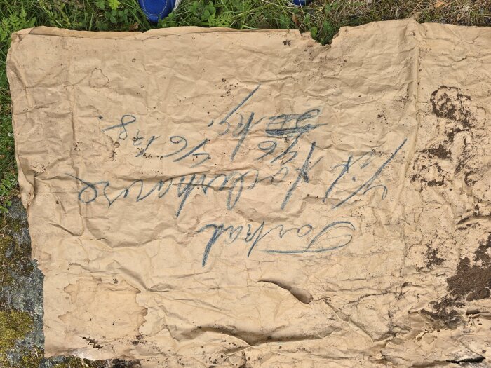 Gammal papp med handskriven text och tecken, delvis smutsig och sliten, ligger på gräs och mossa.