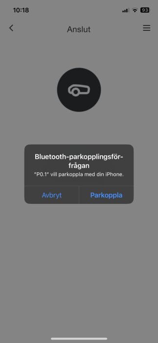 Bluetooth-parkopplingsfråga på iPhone där enheter vill parkoppla. Alternativ "Avbryt" och "Parkoppla" visas.