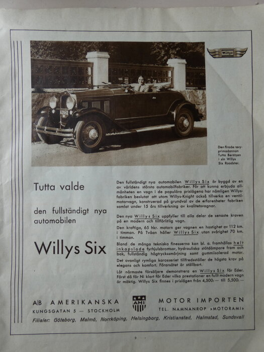 Reklamaffisch för en Willys Six Roadster från 1930-talet, med text som beskriver bilens egenskaper och en bild på bilen.