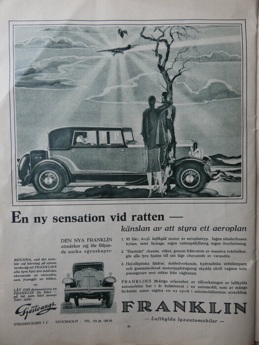 Reklam för Franklin bilar med illustration av bil, två personer, träd och flygplan på himlen; text om ny sensation vid ratten.
