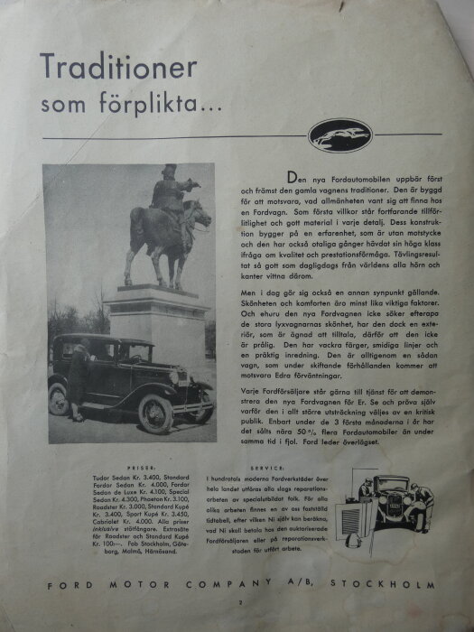 Reklamblad från Ford Motor Company A/B, Stockholm, 1930-tal, med bilder på en Fordbil och staty, samt text om bilens fördelar och priser.