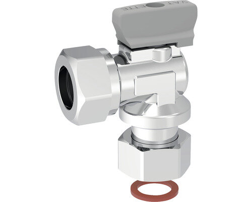 Kulventil Vatette i krom med lekande mutter och planpackning, användbar för anslutning till inkommande och utgående rör, såsom beskrivs i texten.