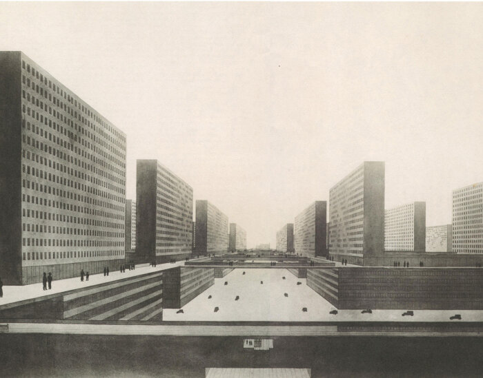 Svartvit futuristisk skiss av en stadsplan med höghus, gångvägar ovan mark och trafikplan en våning nedanför, skapad av en tysk arkitekt.