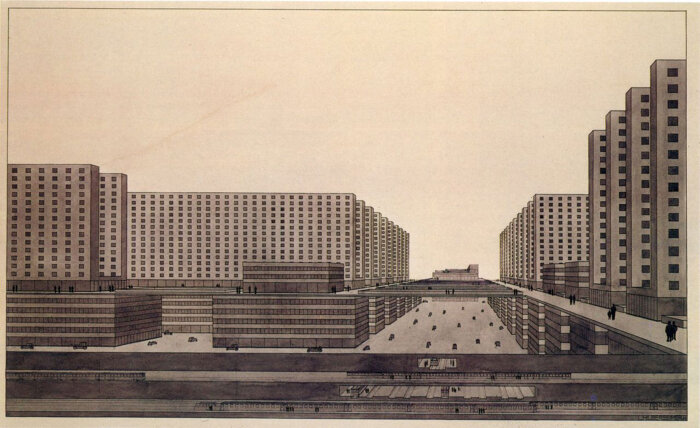 Illustration av en stadsplan med höghus, gångvägar och underjordisk trafik, skapad av arkitekten Ludvig Hilberseimer.