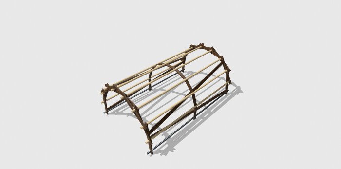 3D-modell av en träkonstruktion som visar bärigheten i mitten, med liggande och stående bjälkar.