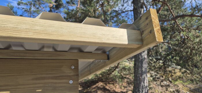 Vindskiva med vinkeljärn fastsatt på läkt vid pulpettak, med skog i bakgrunden.