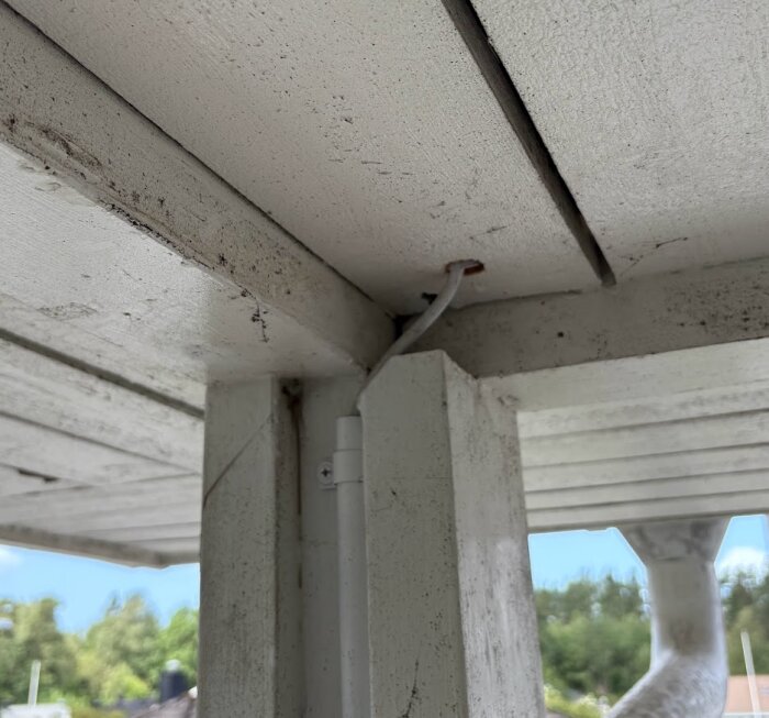 Antennkabel som går genom ett tak, delvis exponerad, vid en stolpe i ett utomhusområde. Klar himmel och växtlighet i bakgrunden.