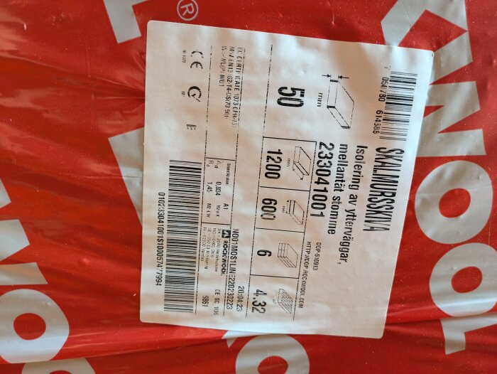 Förpackning med isoleringsskivan Skalmursskiva från Rockwool, inklusive etikett med specifikationer och mått, på röd bakgrund.