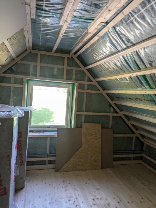 Oinredd ovanvåning med isolering och ångspärr monterad i taket, ett fönster med utsikt och ett paket Rockwool-stenull på golvet.