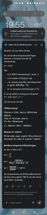 Telefonens skärm med en vattenvärmeberäkning i en app, inklusive beräkningar för ökning av vattentemperatur med energiekvationer.