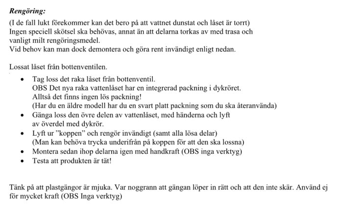 Instruktion för rengöring och demontering av vattenlås från Faluplast, med fokus på att använda handkraft och undvika verktyg.