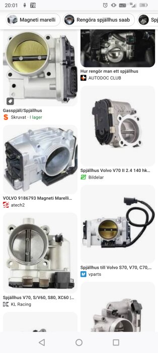 Bilder av olika spjällhus/gasspjäll för Volvo, inklusive modeller för V70 och andra Volvomodeller.