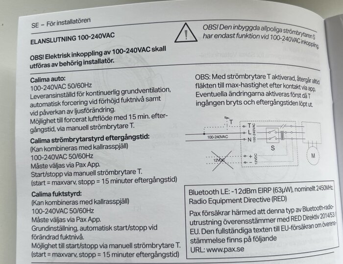 Instruktionsblad för anslutning av Calima badrumsfläkt med schema för strömbrytare och fuktstyrning.