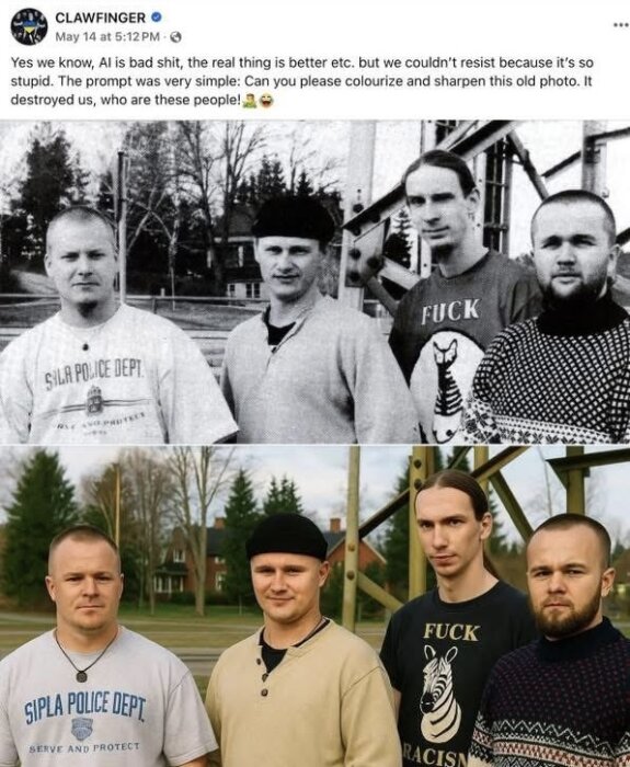 Fyra män står tillsammans utomhus framför en husbakgrund; bilden är visad i både svartvitt och färg.