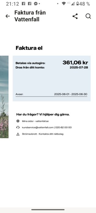 Elräkning från Vattenfall för juni månad med totalkostnad 361,06 kr, inklusive avgifter och skatter, betalas via autogiro den 28 juli 2025.