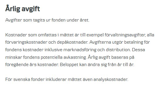 Text om årlig avgift i fond, inklusive förvaltningsavgifter, förvaringskostnader och depåkostnader, samt information om analyskostnader för svenska fonder.