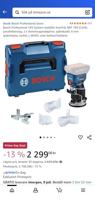 Bosch GKF 18V-8 sladdlös överfräs med tillbehör, L-BOXX och Prime Day-erbjudande med 13% rabatt, pris 2299 kr.