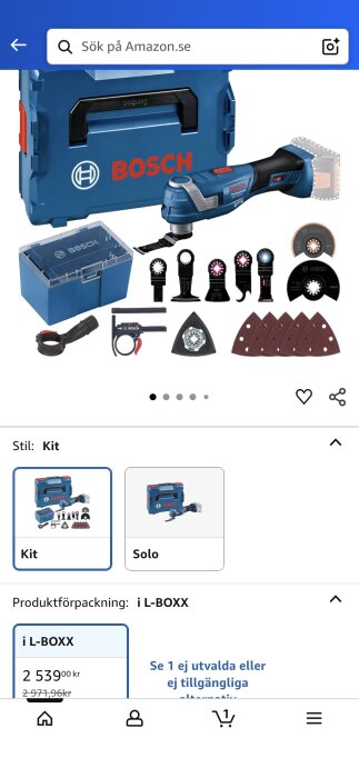 Bosch verktygsset med väska och tillbehör, visat på Amazon.se. Innehåller elverktyg, blad och sandpapper.