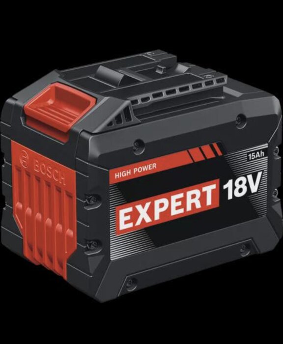 Bilden visar ett 15Ah Bosch EXPERT 18V högkapacitetsbatteri i svart och röd design.